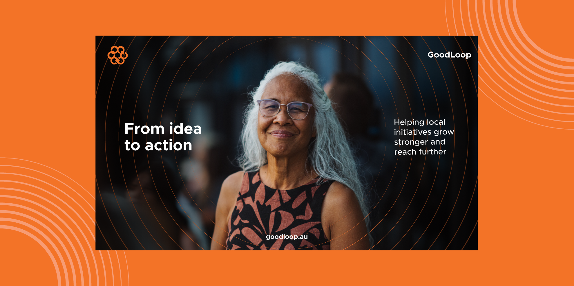 GoodLoop presentation slide with brand assets and photography on an orange background.