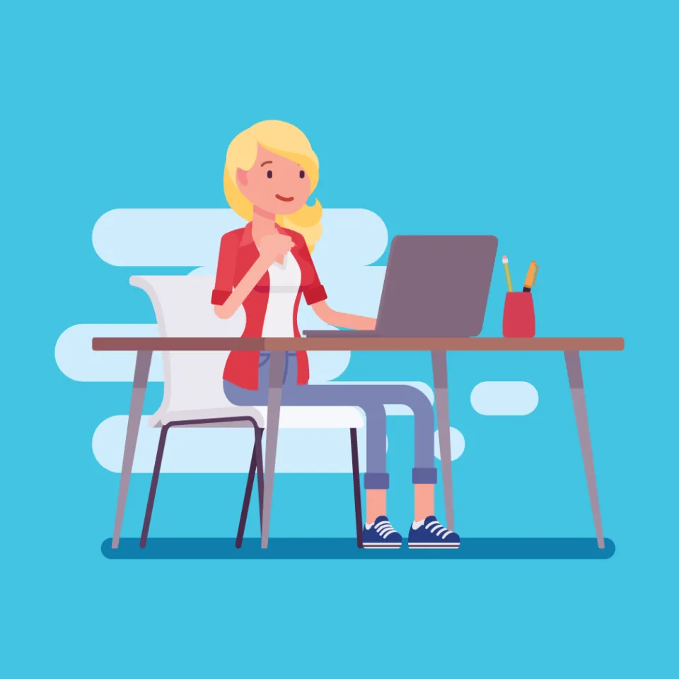 A custom illustration of Jobactive user, Emma, at her marketing job