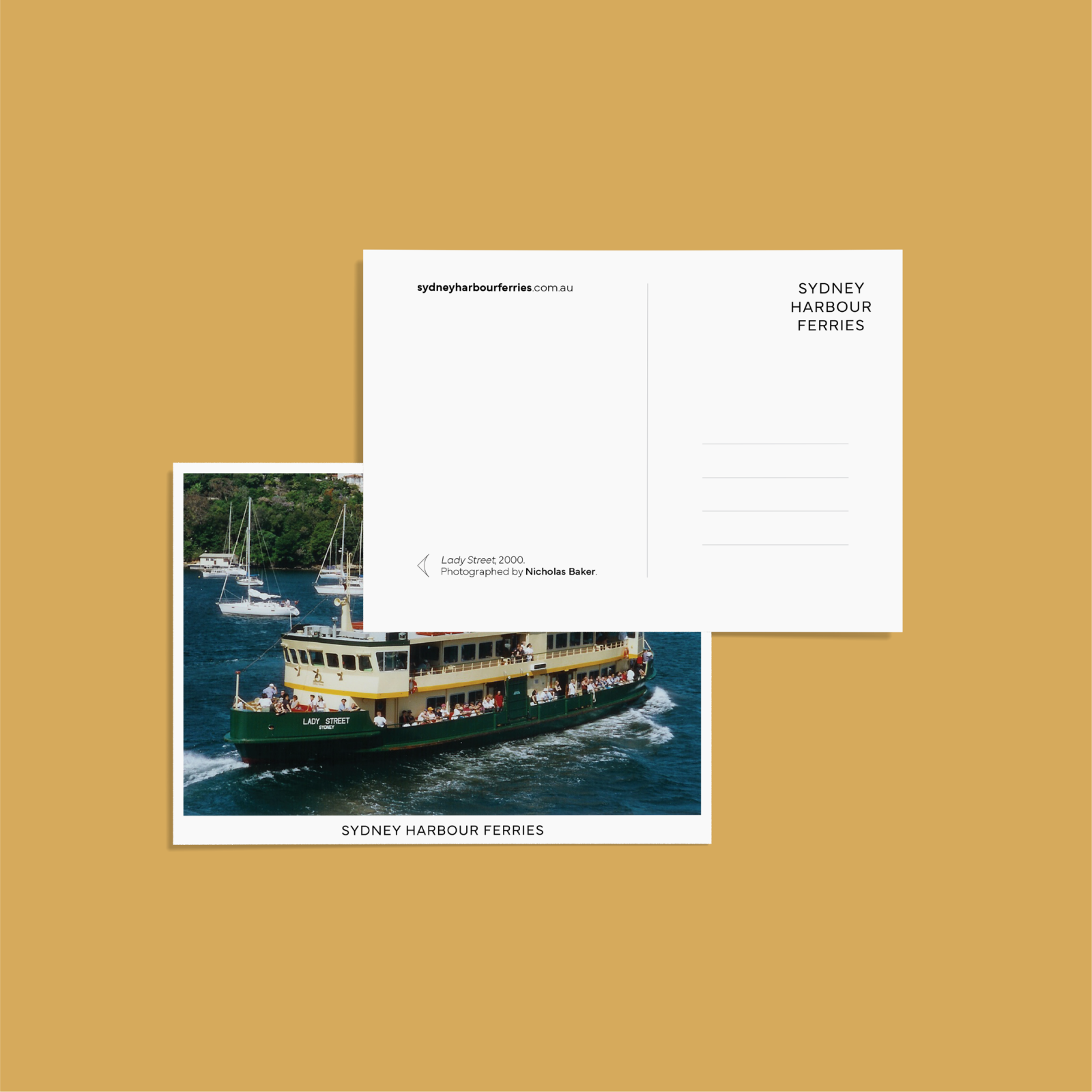 The front and back of a Sydney Harbour Ferries postcard overlapping on a gold background